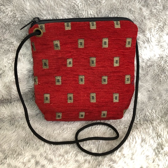 Small Shoulder Bag Purse Abstract Design Mini Concert Festival Bag Red Gold - Picture 3 of 3